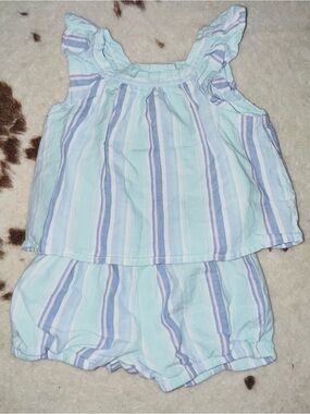 Girls' Mint Stripe Cotton Matching Top & Short Set